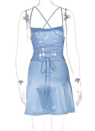 Сукня голуба сатинова сарафан y2k coquette на зав'язках3 фото