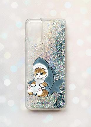 Чехол с плавающими блестками на samsung galaxy a03s (a037) серебряный котёнок (принт 120)