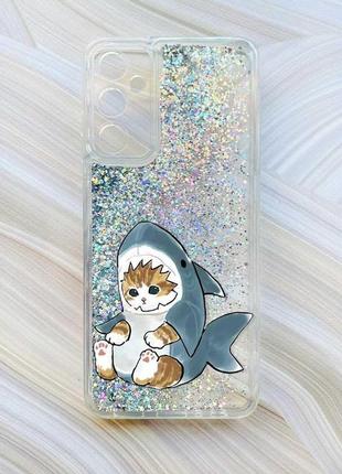 Чехол с плавающими блестками на samsung galaxy a24 (a245) серебристый котёнок (принт 120)