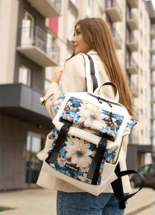 Жіночий рюкзак sambag aura білий з принтом "blue flowers"2 фото
