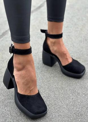 Женские туфли на каблуке с пряжкой  материал замш цвет черный размер 38 (24,5 см) (56602)