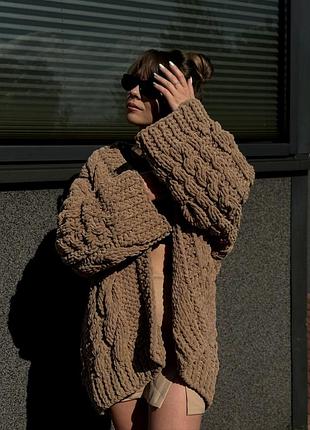 Женский кардиган средней длины материал плюшевая пряжа alize puffy fine ручная работа цвет коричневый (l-xl)