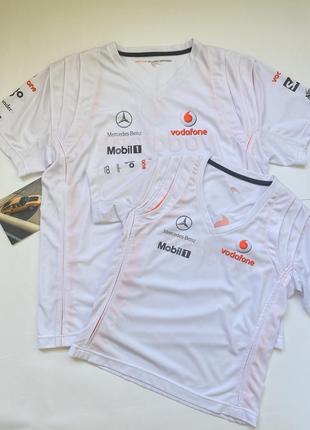 Парный футболки family look mercedes’ benz mclaren белого цвета с ярко оранжевыми вставками размер l размер s