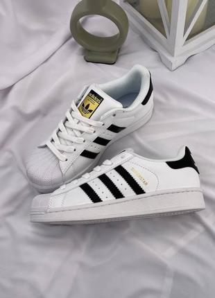 Женские кожаные кроссовки adidas superstar white black адидас суперстар белые