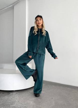 Велюровий спортивний костюм з кофтою на блискавці з капюшоном з широкими штанами з кишенями