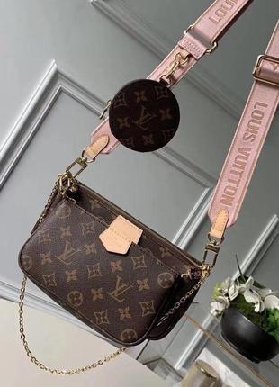 Сумка коричневая lv с розовым ремешком новая