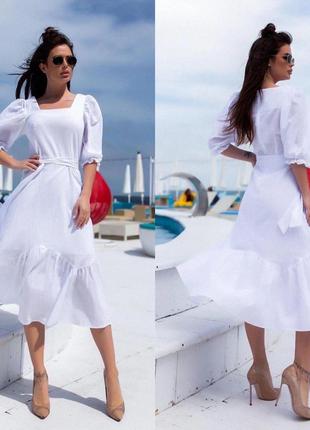 Белое летнее платье в пол 100% хлопок по талии с поясом3 фото