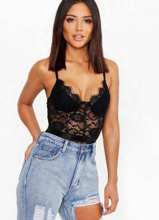 Боди / кружевной боди / черный бодик / boohoo