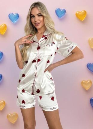 Модна жіноча домашня піжама з тканини, що дихає, шовк армані сорочка і шорти біла з сердечками