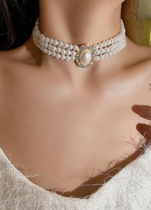 Чокер кольє намисто перлина (імітація) із стразами