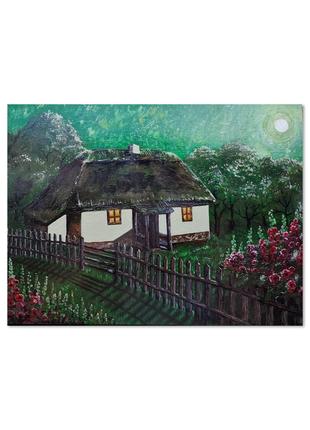 Картина "місячна ніч в полтаві", акрил, 30×40, український пейзаж, імпресіонізм, українське село, містична україна