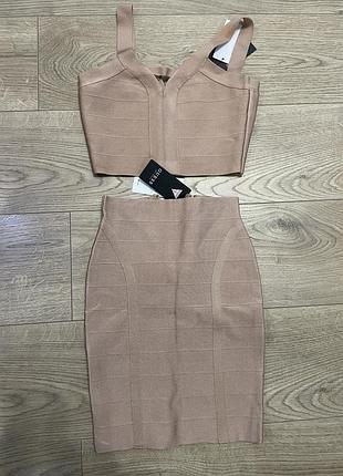 Бандажний бежевий тілесний костюм guess, розмір xs