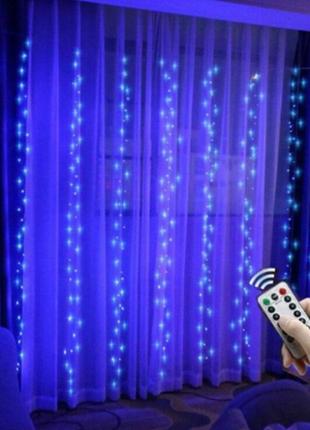 Світлодіодна водонепроникна гірлянда-завіса штора 3*3м usb з пультом синя