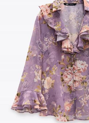 Сиреневая блузка zara с длинными рукавами, рюшами, пуговицами, размер l