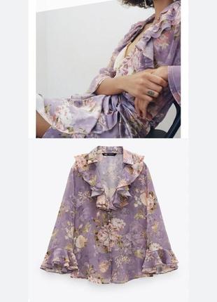 Сиреневая блузка рубашка zara с длинными рукавами, рюшами, пуговицами, размер l