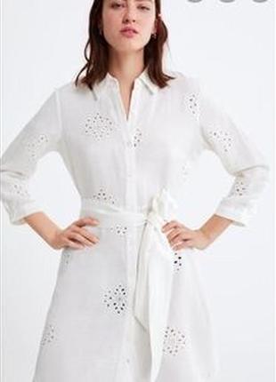 Платье zara с вышивкой и поясом  xs  лен + вискоза. новое