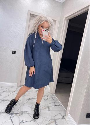 Сукня (плаття) жіноча коротка з поясом замша 42-52 джинс світло-синя, мокко (бежево-коричнева), синя5 фото