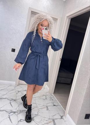 Сукня (плаття) жіноча коротка з поясом замша 42-52 джинс світло-синя, мокко (бежево-коричнева), синя6 фото