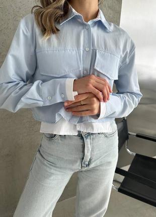 Коттонова вкорочена сорочка туреччина, жіноча блакитна коротка рубашка на гудзиках4 фото