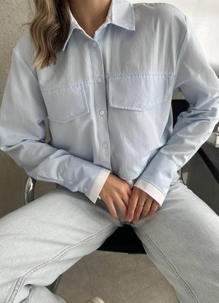 Коттонова вкорочена сорочка туреччина, жіноча блакитна коротка рубашка на гудзиках9 фото