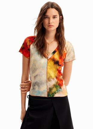 Шикарная хлопковая футболка с ярким цветочным принтом desigual made in portugal