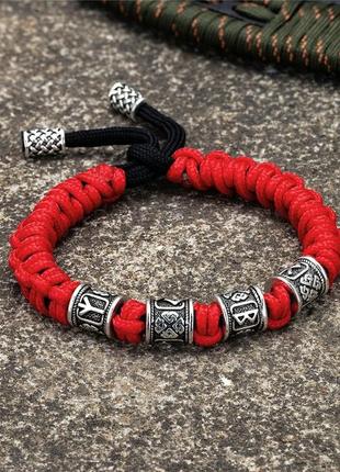 Браслет мужской из паракорда и стали viking red красный с рунами