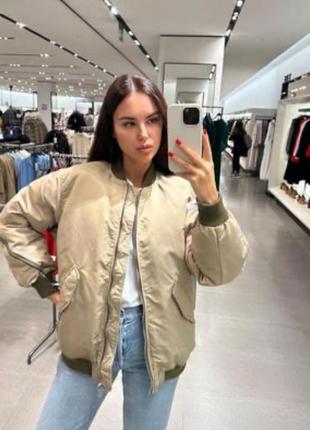 Куртка бомбер зара zara оверсайз оливкового верблюд песочная