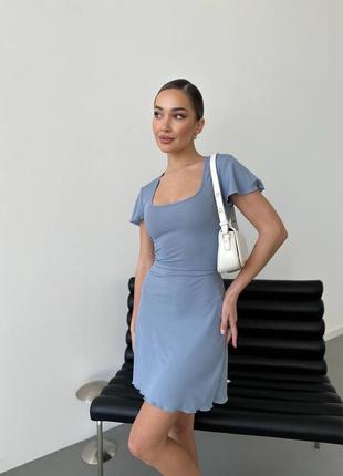 Нежное платье в рубчик с завязками на спине, летнее платье мини с шнуровкой и короткими рукавами в рубчик5 фото