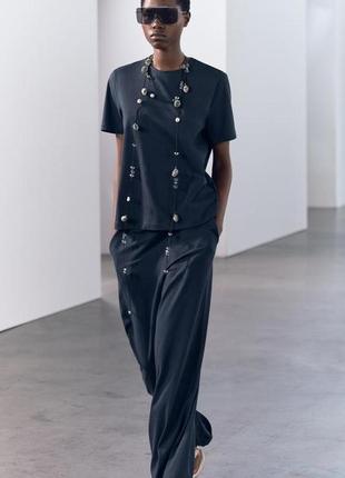 Шикарний cиній костюм zara розмір l оригінал new collection футболка та штани палаццо