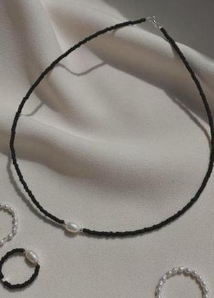 Чёрный чокер из бисера с жемчугом жемчужный жемчуг чекер украшение колье подвеска на шею1 фото