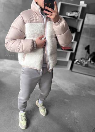 Чоловіча зимова куртка бежева з білим дута тепла на пуху, стильна куртка-пуховик бежева з білим оксамитом