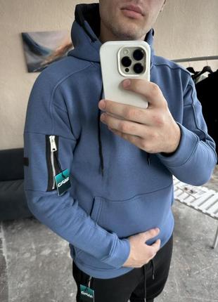 Мужской зимний худи синий тёплый трехнитка с начёсом, молодёжная тёмно-синяя толстовка однотонная с кап trek
