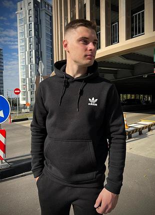 Чоловіча худи adidas чорний зимовий тринитка з начосом, утеплена толстовка адидас чорна з капюшоном