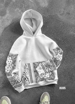 Мужской зимний худи белый утеплённый повседневный с рисунком, молодёжная белая толстовка трехнитка на ф trek