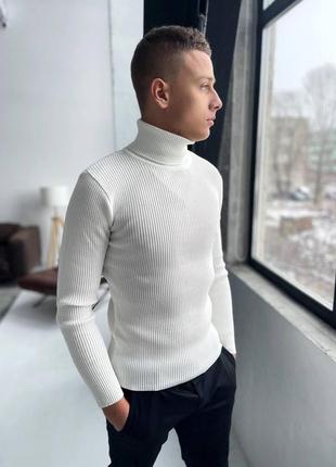 Белый классический свитер мужской в рубчик воротник-стойка ,молодежный гольф белый...