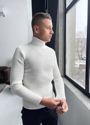 Белый классический свитер мужской в рубчик воротник-стойка ,молодежный гольф белый...