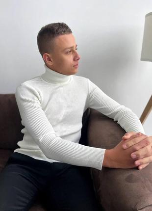 Белый классический свитер мужской в рубчик воротник-стойка ,молодежный гольф белый...