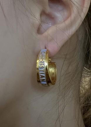 Сережки диор круглые с названием, позолота 18к