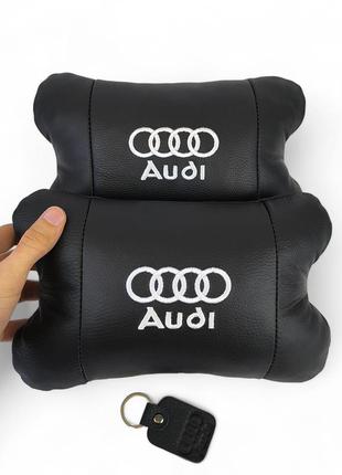 Набор автоподушки 2шт на подголовник audi ауди из натуральной качественной кожи с тиснением черная в машину