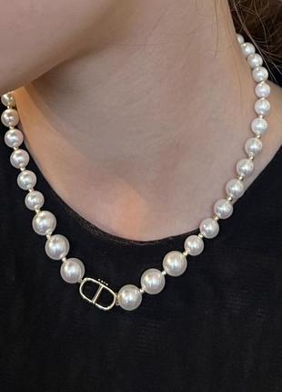 Підвіска діор вся з перлів із логотипом, позолота 18к