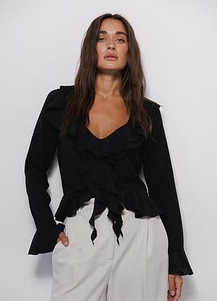 Шифонова блузка чорна з воланами6 фото