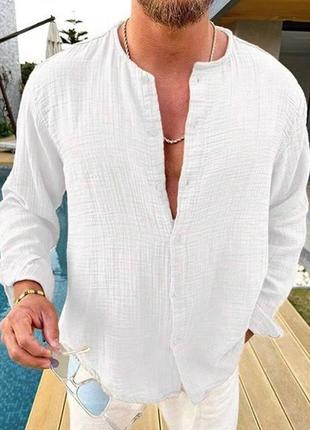 Чоловіча літня сорочка без коміра з натуральної тканини муслін розміри 46-565 фото