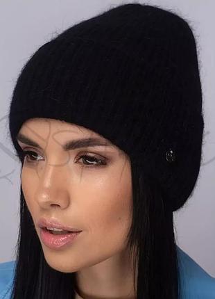 Шапка ангоровая женская с отворотом утепленная флисом мелкой вязки leks парма черный