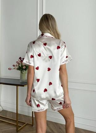 Модний жіночий домашній одяг з тканини, що дихає, шовк армані сорочка і шорти біла з сердечками10 фото