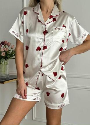 Модний жіночий домашній одяг з тканини, що дихає, шовк армані сорочка і шорти біла з сердечками5 фото