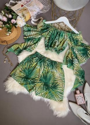 Женский летний зеленый костюм листья топ и шорты