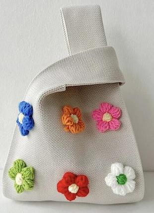 Тренд стильна жіноча в'язана текстильна сумка шопер квіти3 фото