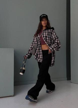 Костюм спортивный в стиле balenciaga рубашка с капюшоном брюки спортивные в клетку беж черный розовый