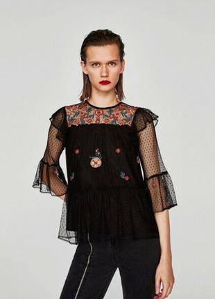 Брендовая красивая блуза с вышивкой zara basic denim3 фото