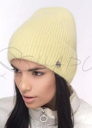 Шапка женская молодежная ангоровая утепленная флисом шапочка с отворотом leks "бритс" светло-желтый